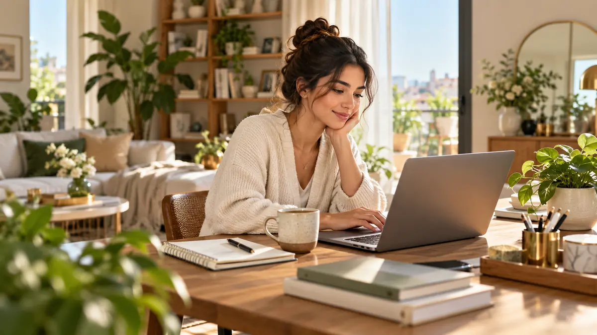 Frau arbeitet zu Hause an einem Laptop Frau arbeitet zu Hause an einem Laptop