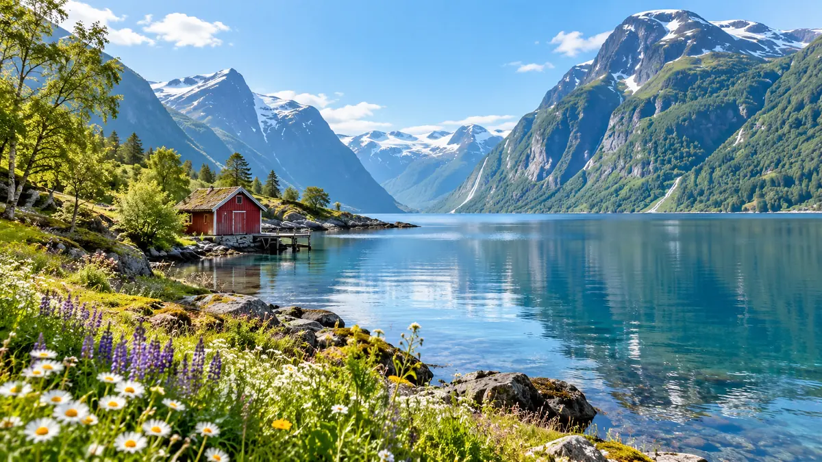 Norwegischer Fjord mit Berglandschaft und Dorf am Wasser Norwegischer Fjord mit Berglandschaft und Dorf am Wasser