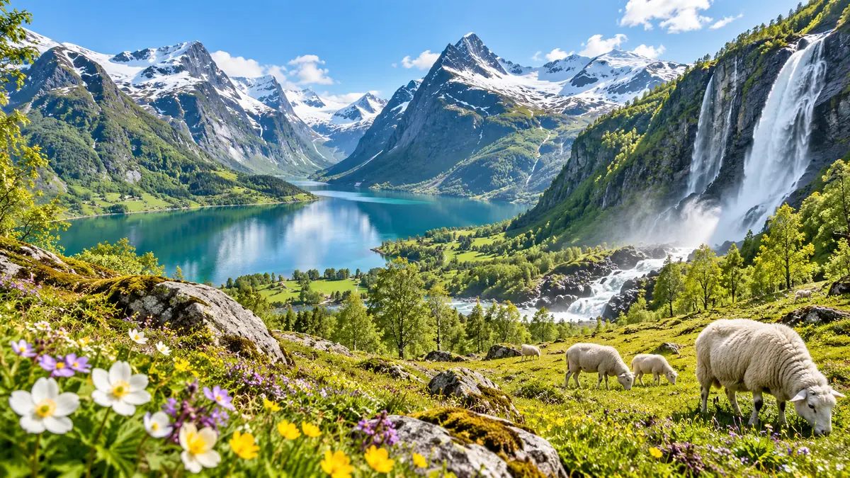 Blühende Landschaft am Fjord im Frühling Blühende Landschaft am Fjord im Frühling