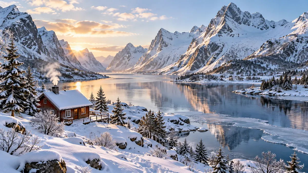 Winterliche Berglandschaft mit Schnee und Fjord Winterliche Berglandschaft mit Schnee und Fjord